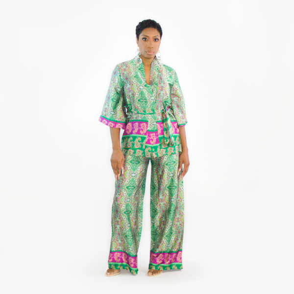 Two Piece Floral Satin Set (Green)